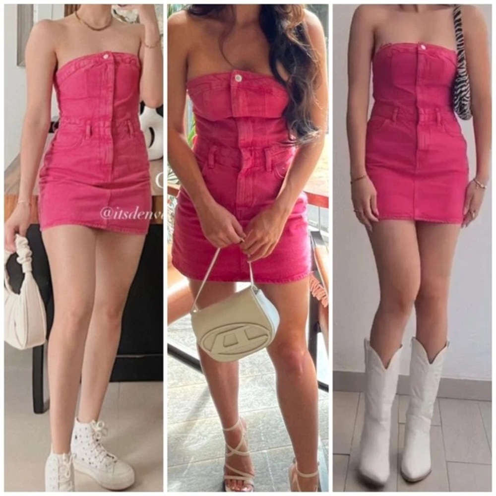 Zara pink denim Jean strapless mini dress Barbie Sz M - Picture 4 of 17